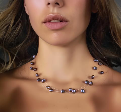 perles de cultures baroques taille 7 mm  couleur noire montées sur 3 fils de nylon avec fermoir argent 925 et chaînette ajustement