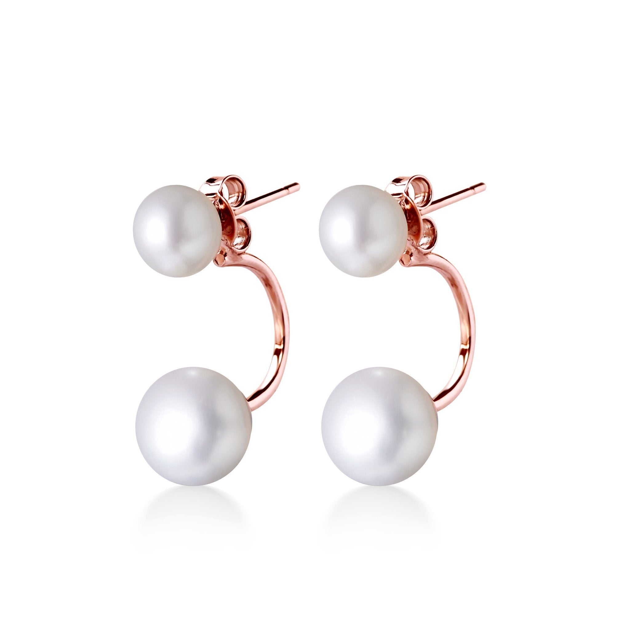 Boucles d’oreilles modernes en forme de C suspendu avec perles de culture d’eau douce ronde blanc nacré de 7mm et 9,5mm et monture en argent 925 plaqué or rose bijou élégant
