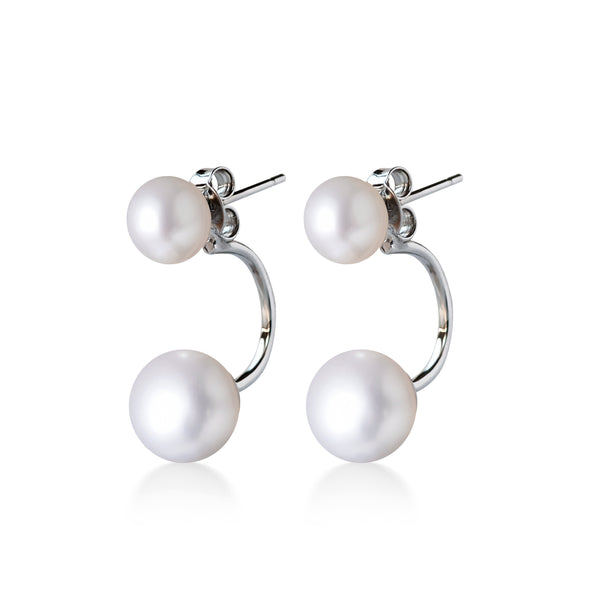 Boucles d’oreilles modernes en forme de C avec deux perles de culture d’eau douce blanches et monture en argent 925, bijou élégant