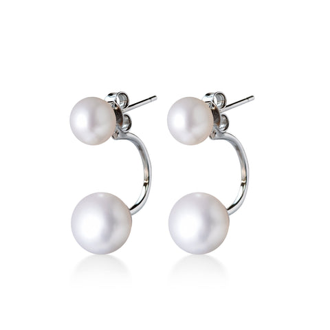 Boucles d’oreilles modernes en forme de C avec deux perles de culture d’eau douce blanches et monture en argent 925, bijou élégant