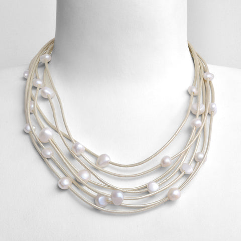 Collier 46cm Perles de Culture d'Eau Douce  Cuir Argent 925 