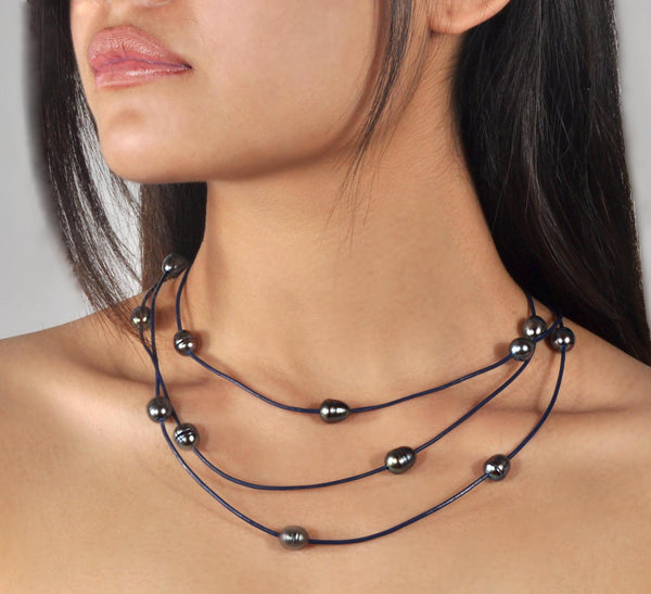 Necklace strap short "Boheme" oceanic leather - Night