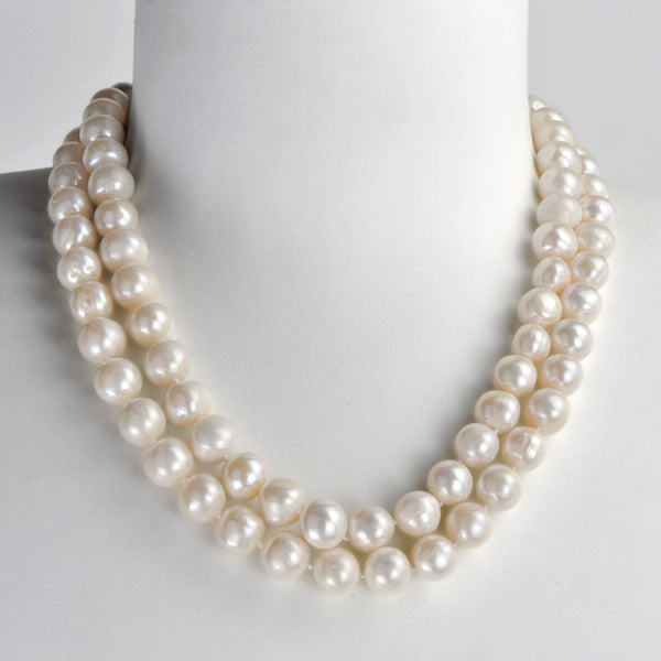 Collier double rangs first lady en perles de culture d’eau douce rondes blanches de 10mm, longueur 45cm et fermoir en argent 925