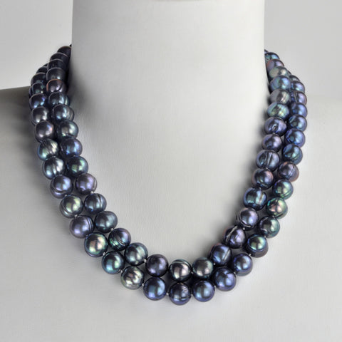 Collier First Lady deux rangs longueur 45cm, perles de culture d’eau douce baroques couleur noire avec reflets de 10 mm, monture en argent 925, bijou élégant noué à la main