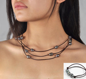 Ensemble Collier et Bracelet 120cm Perles de Culture d'Eau Douce  Cuir  