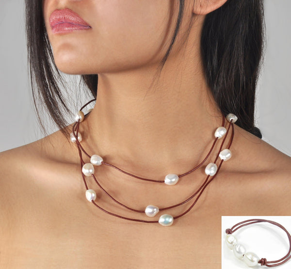 Ensemble Collier et Bracelet 120cm Perles de Culture d'Eau Douce  Cuir  