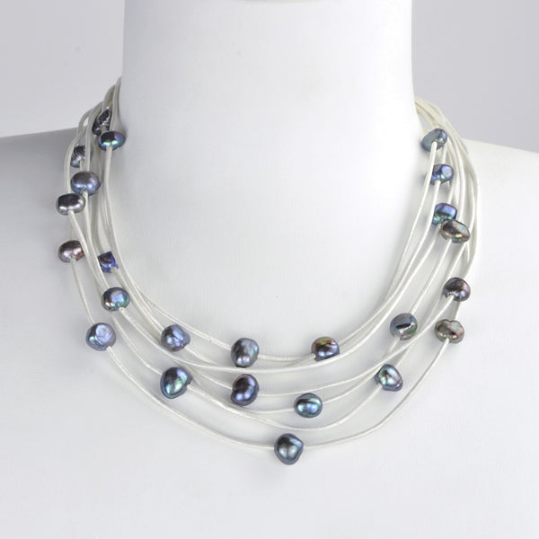 Collier 46cm Perles de Culture d'Eau Douce  Cuir Argent 925 