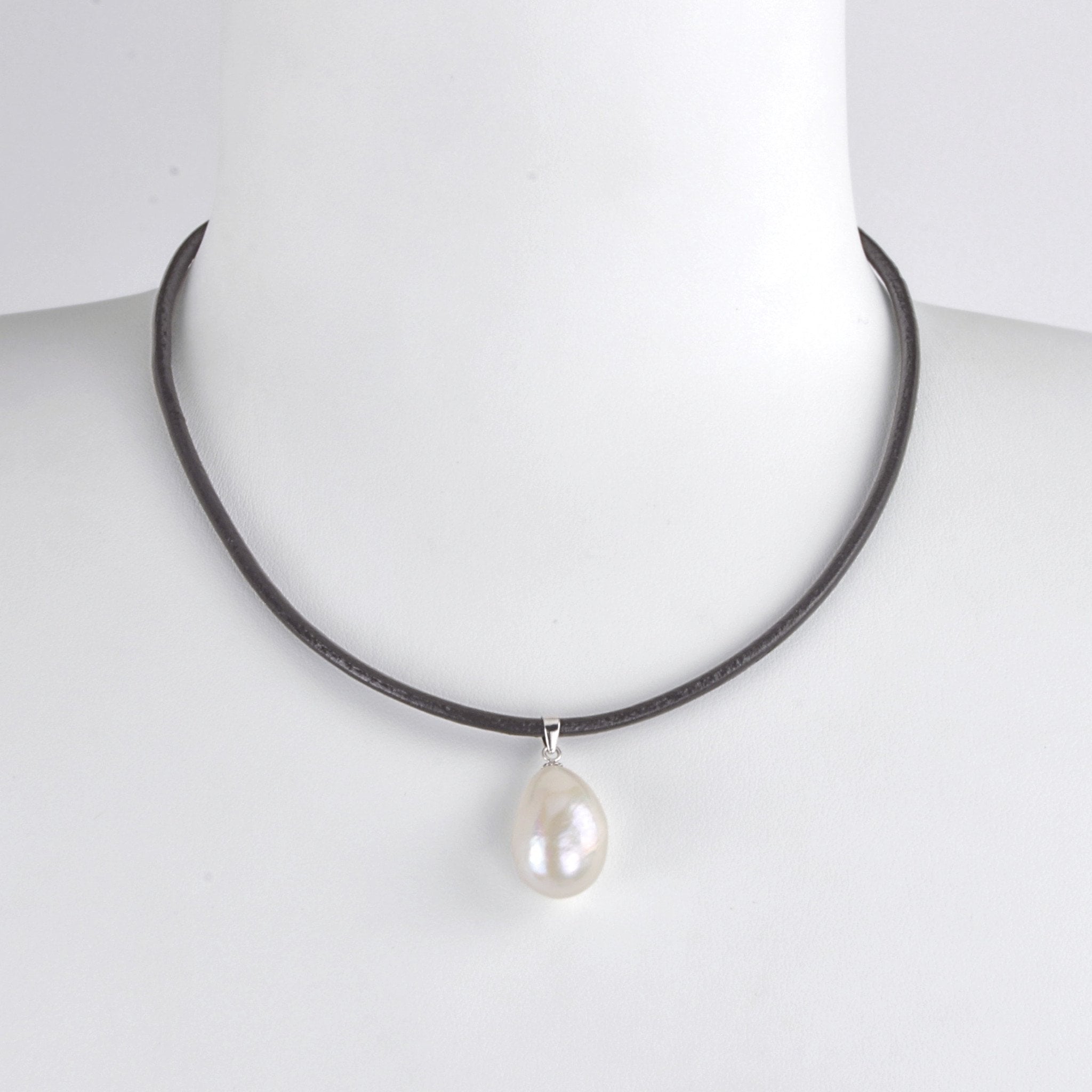 Collier 46cm Perles de Culture d'Eau Douce Pendentif Cuir Argent 925 