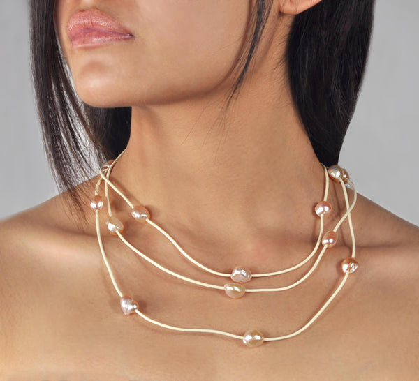 Necklace and bracelet "Boheme" Vanilla Leather - Lilas
