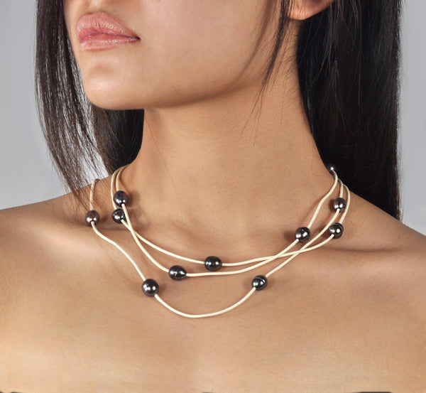 Necklace and bracelet "Boheme" Vanilla Leather - Night