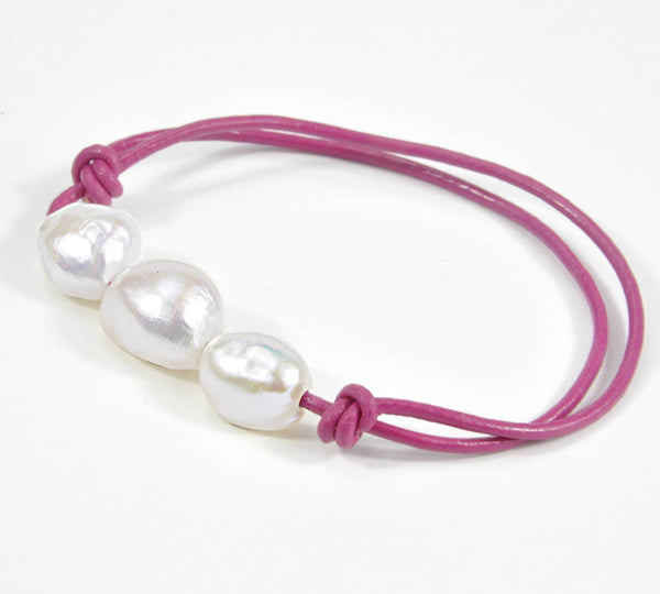 Necklace and short bracelet "Boheme" Raspberry leather - Snow