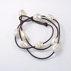 Bracelet  Perles de Cutures d'Eau Douce  Cuir  