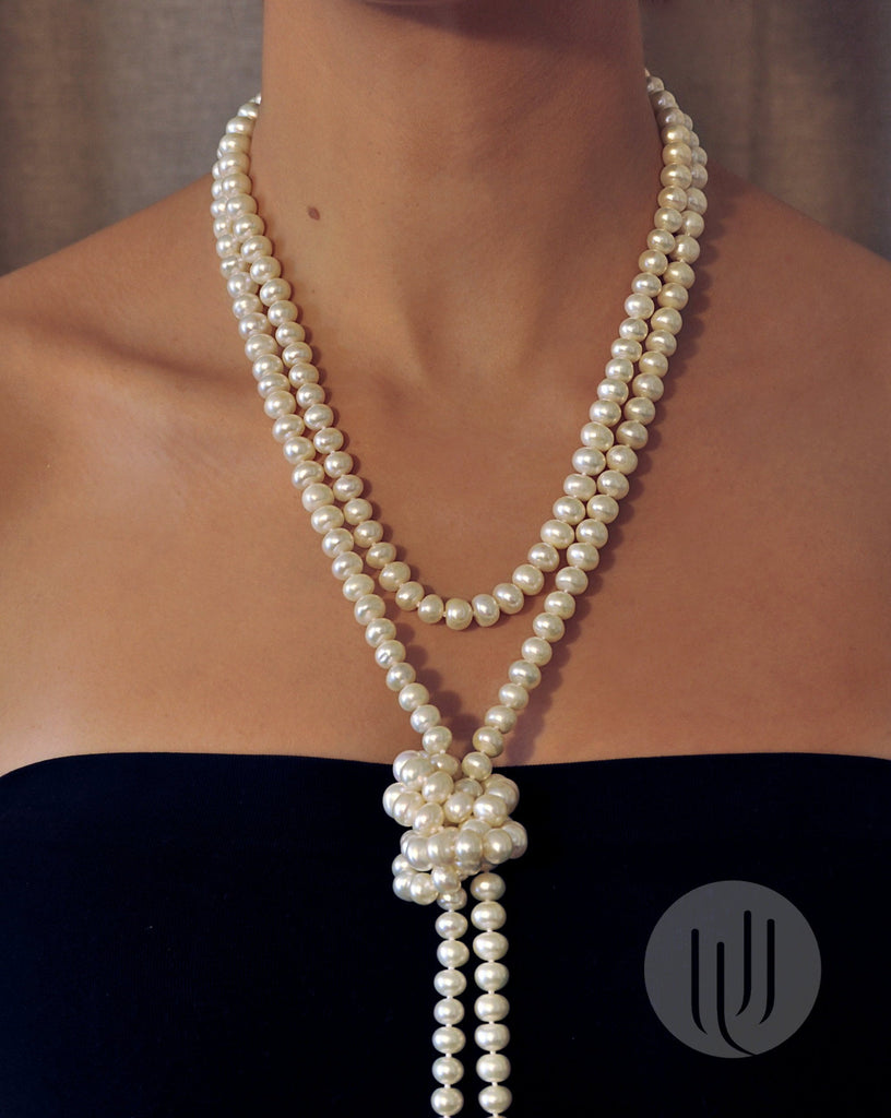 Collier Sautoir Argent 800‰ - Perles De Cucumis - Longueur 81-90 Cm